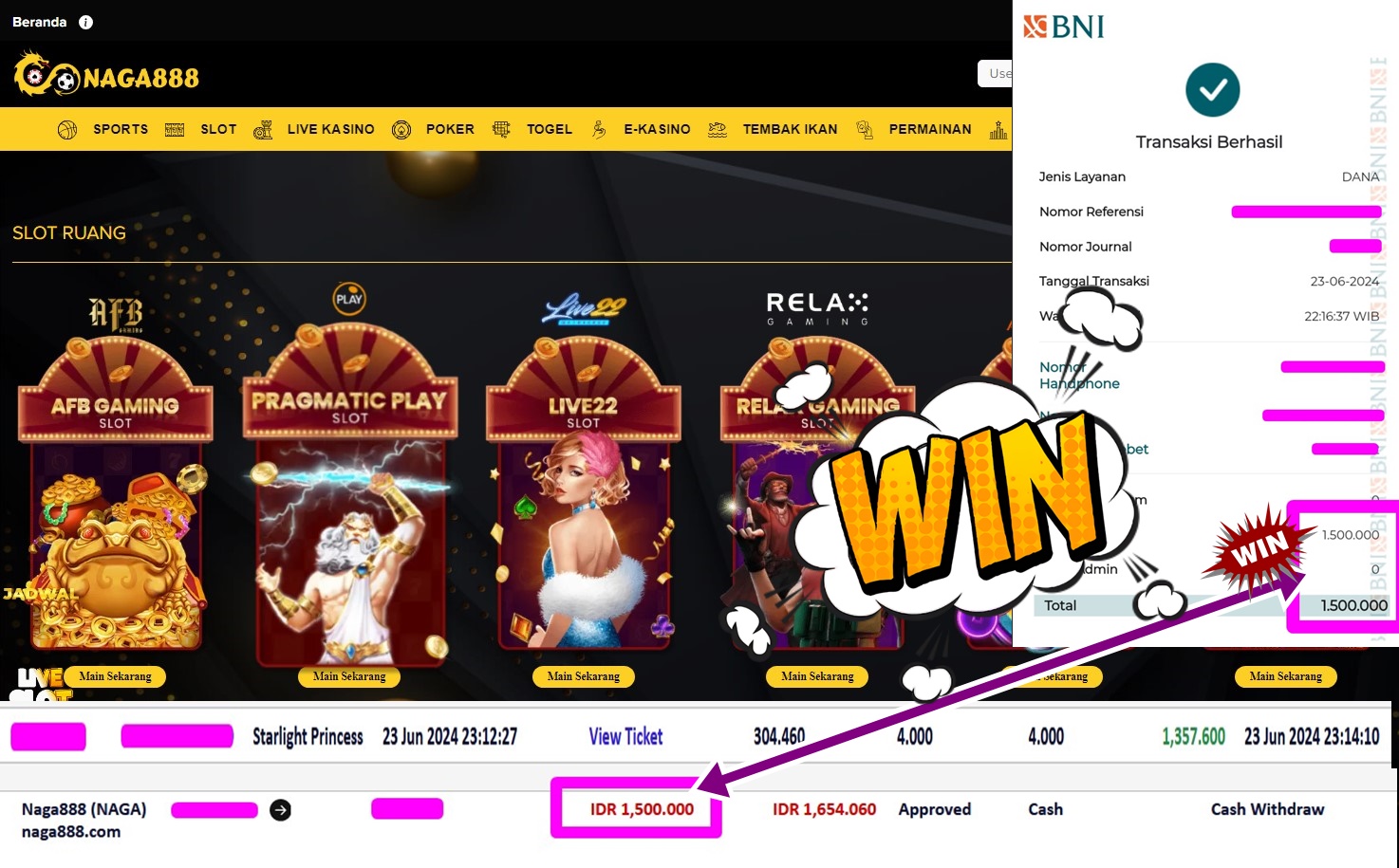 Bukti Kemenangan WD IDR 1.500.000 | Naga888