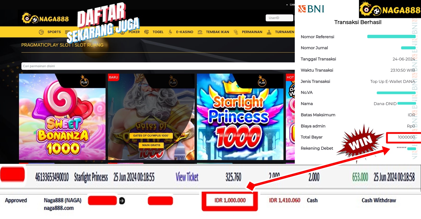 Bukti Kemenangan WD IDR 1.000.000 | Naga888
