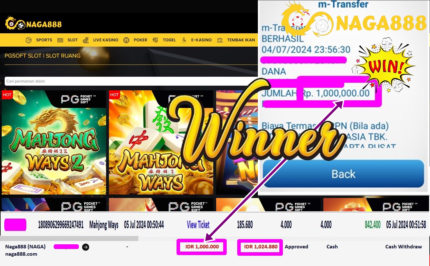 Bukti Kemenangan WD IDR 1.000.000 | Naga888