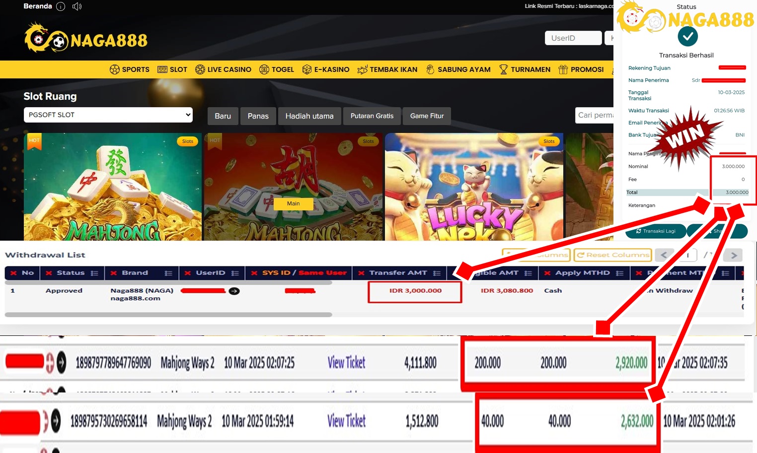 Bukti Kemenangan WD IDR 3.000.000,- | Naga888