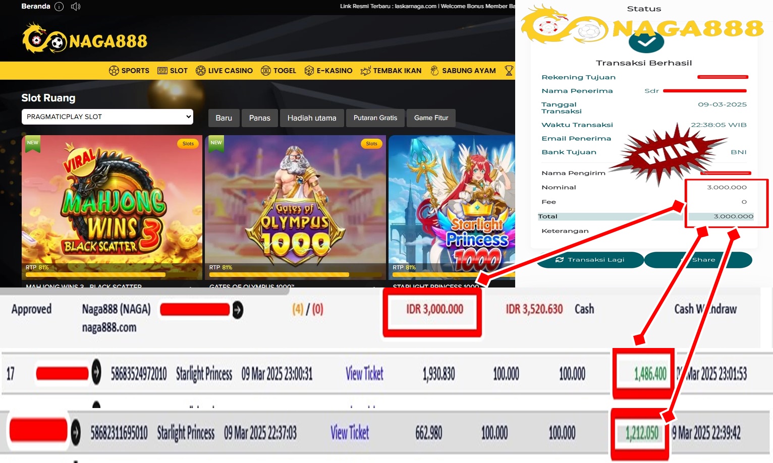 Bukti Kemenangan WD IDR 3.000.000,- | Naga888