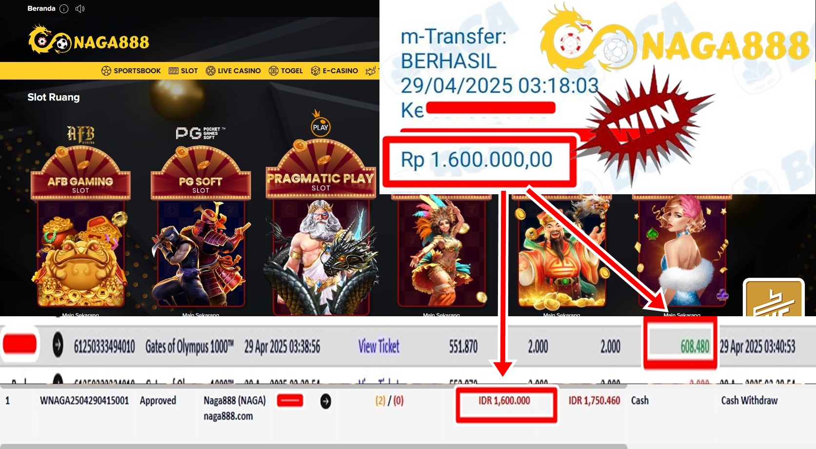 Bukti Kemenangan WD IDR 1.600.000,- | Naga888