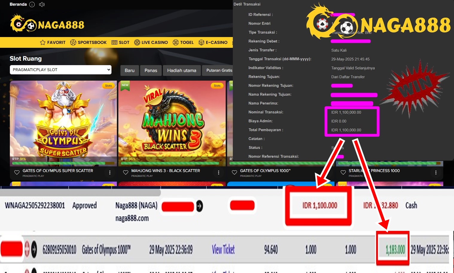 Bukti Kemenangan WD IDR 1.100.000,- | Naga888