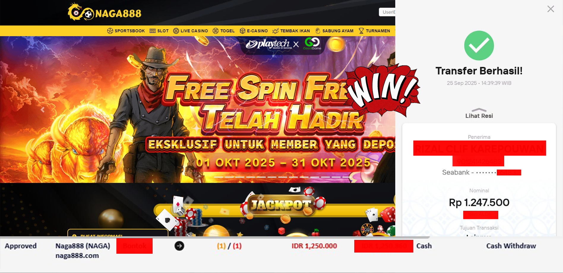 Bukti Kemenangan Withdraw IDR 1,250,000,- | NAGA888