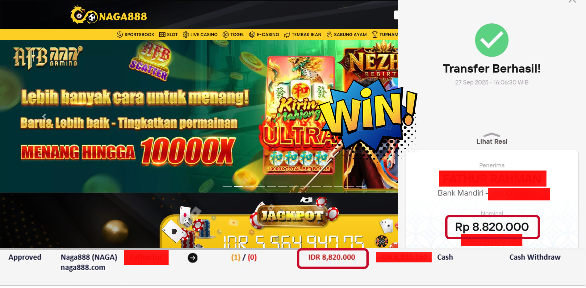 Bukti Kemenangan Withdraw IDR 8,820,000,- | NAGA888