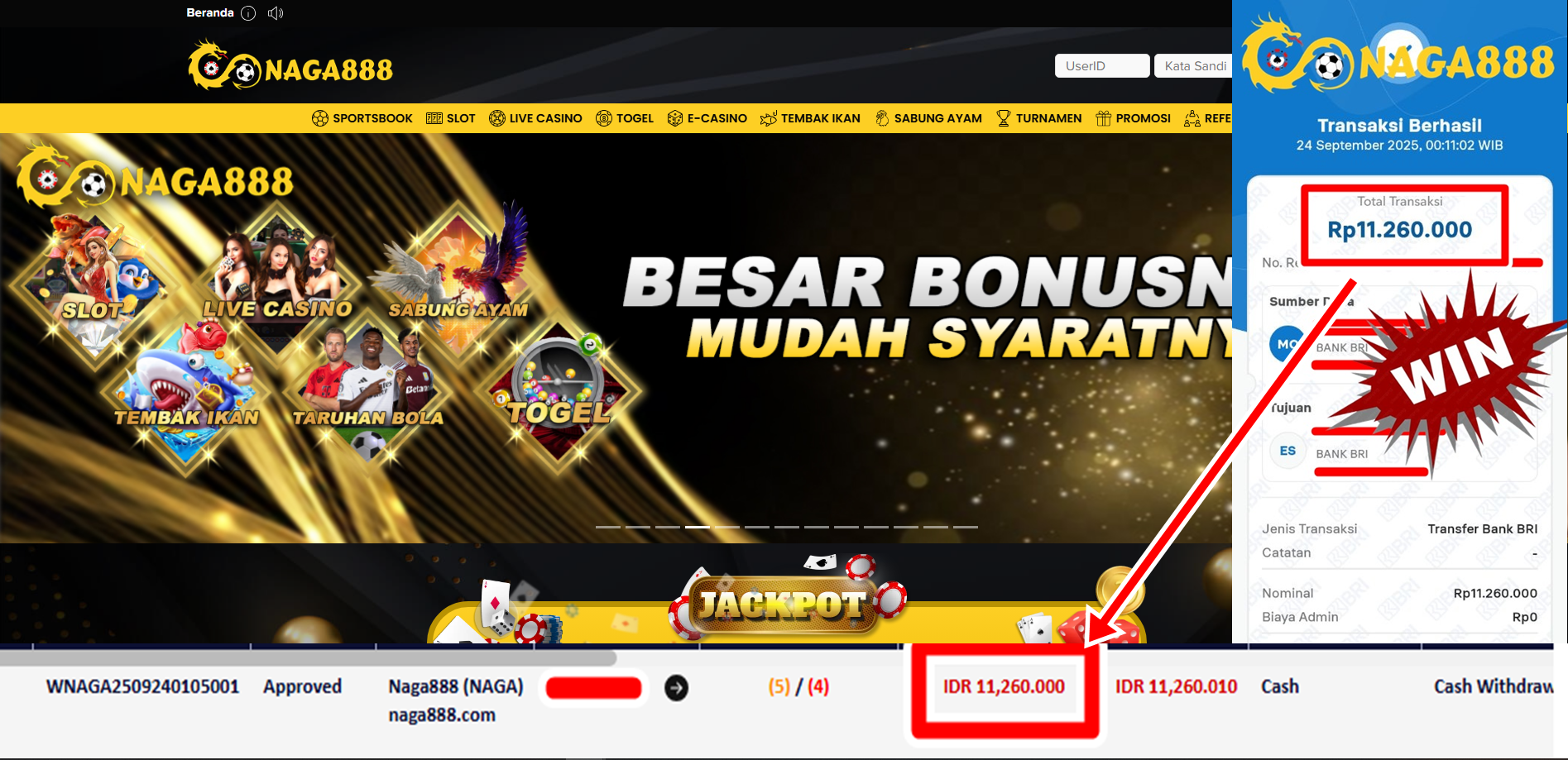 Bukti Kemenangan Withdraw IDR 11.260.000,- | NAGA888