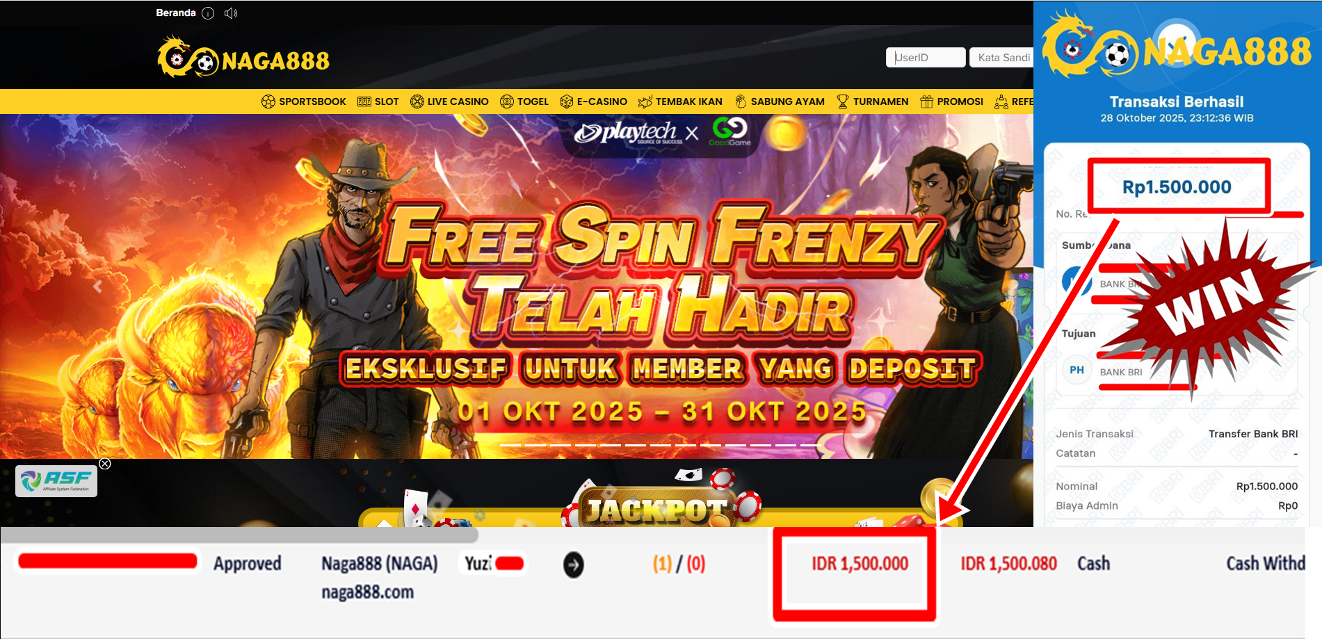Bukti Kemenangan Withdraw IDR 1.500.000,- | NAGA888