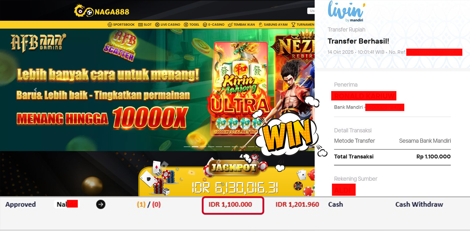 Bukti Kemenangan Withdraw IDR 1,100,000,- | NAGA888