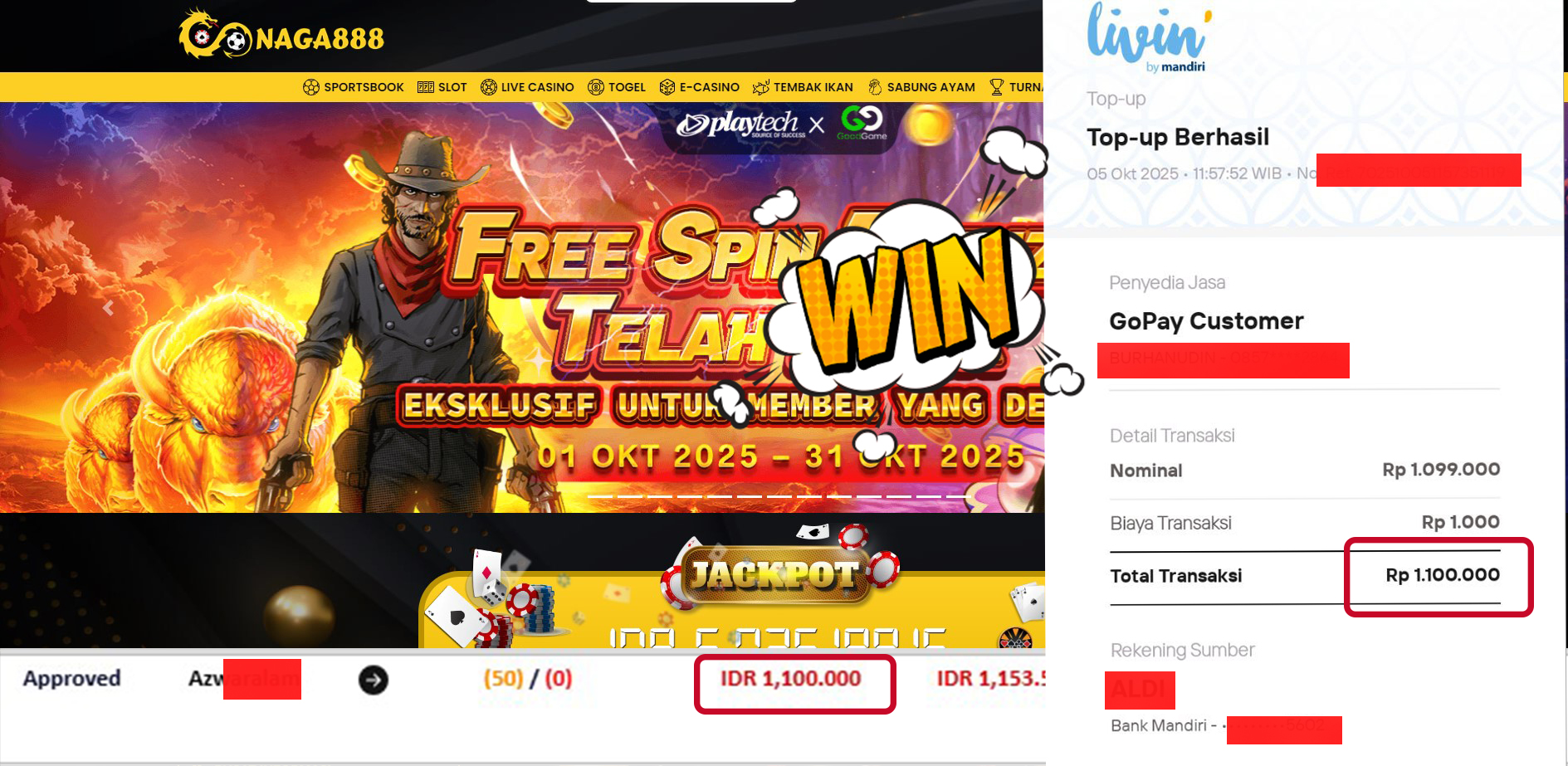 Bukti Kemenangan Withdraw IDR 1,100,000,- | NAGA888