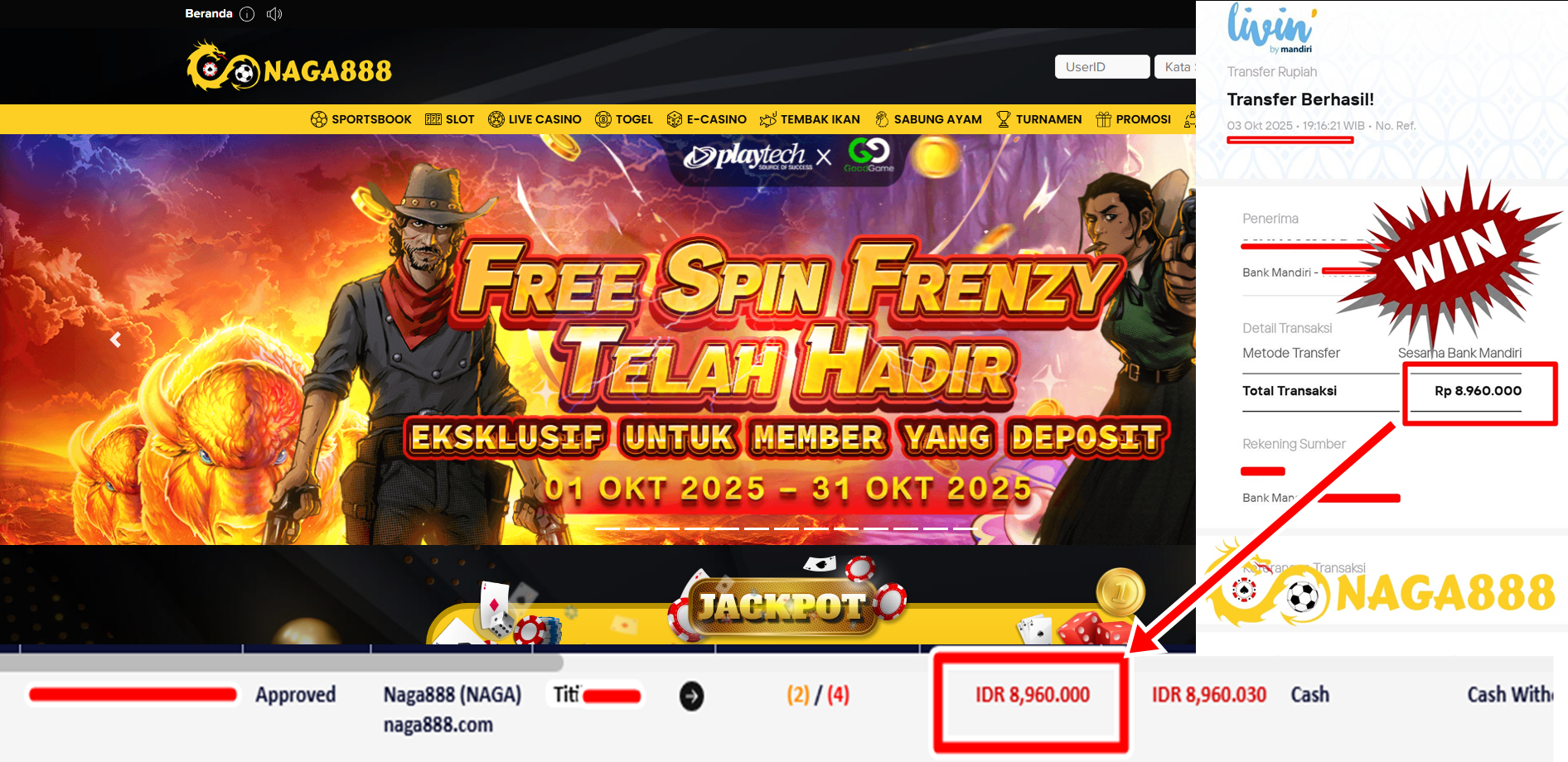 Bukti Kemenangan Withdraw IDR 8.960.000,- | NAGA888