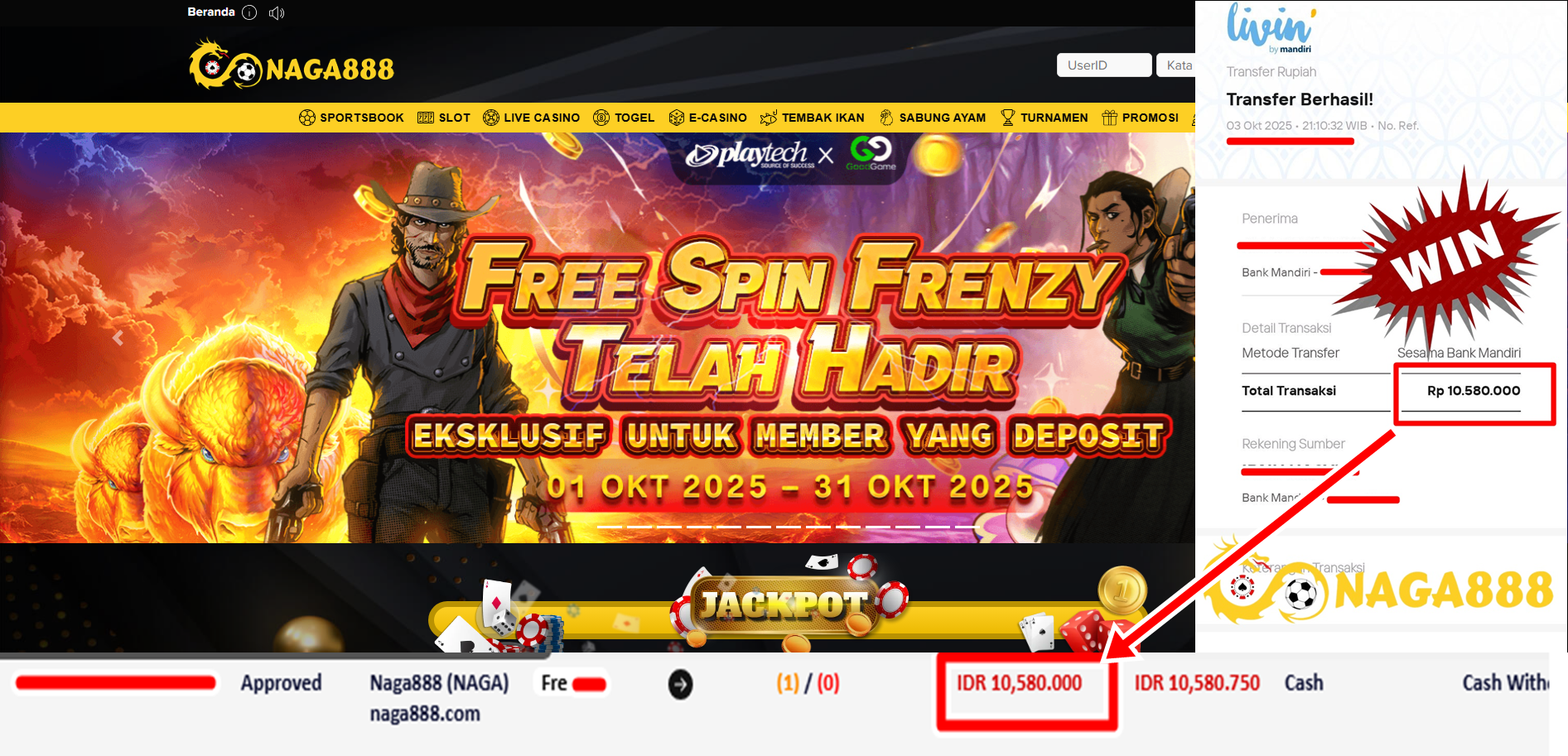 Bukti Kemenangan Withdraw IDR 10.580.000,- | NAGA888
