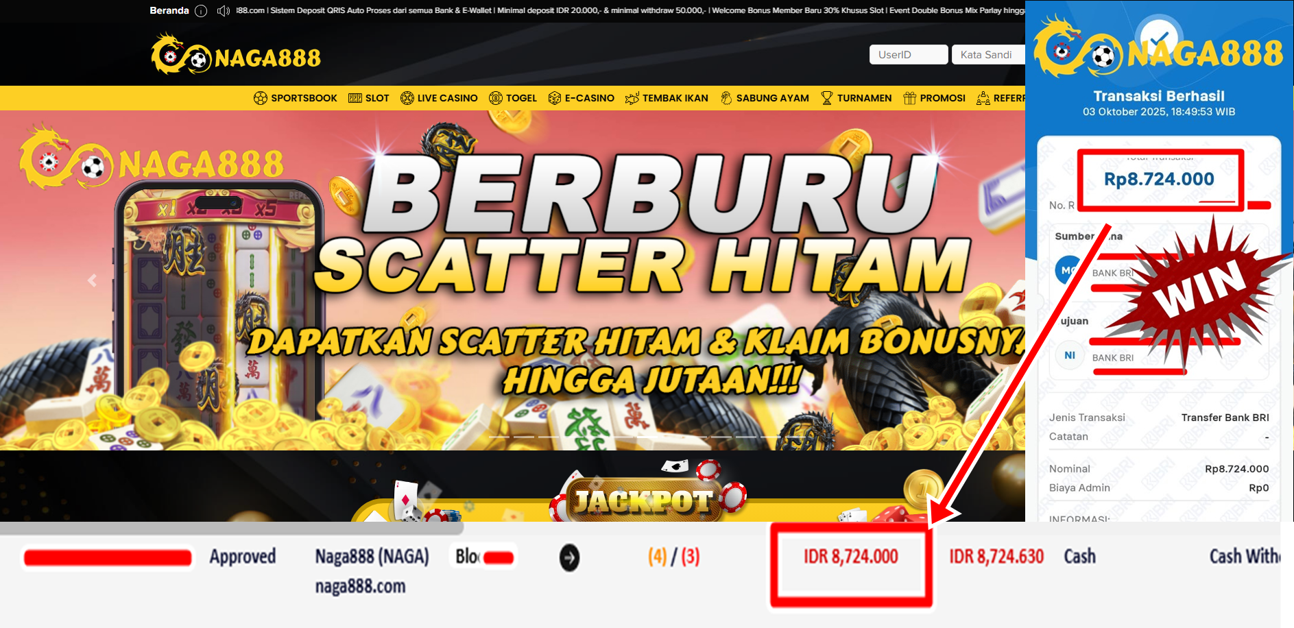 Bukti Kemenangan Withdraw IDR 8.724.000,- | NAGA888