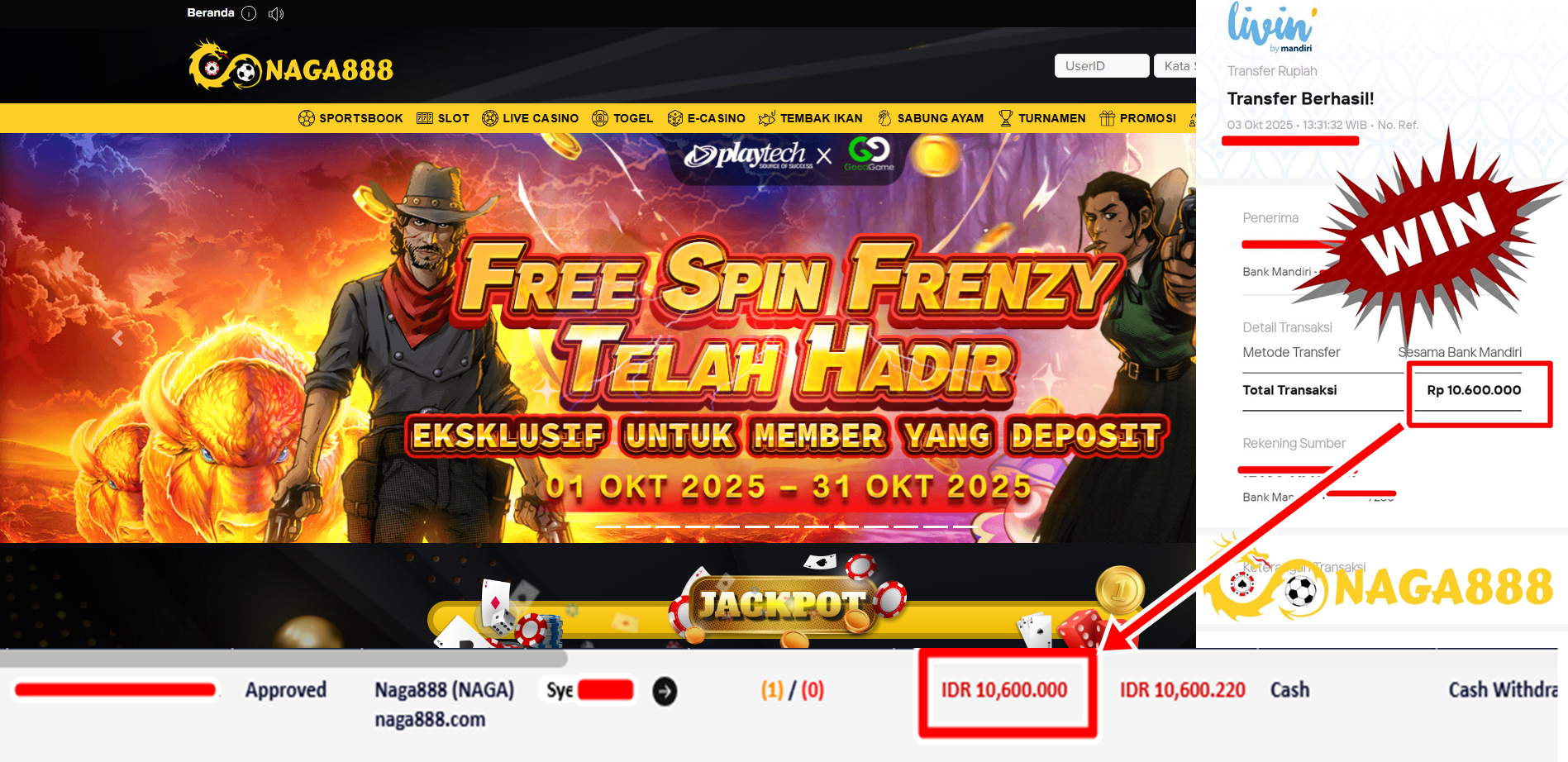 Bukti Kemenangan Withdraw IDR 10.600.000,- | NAGA888