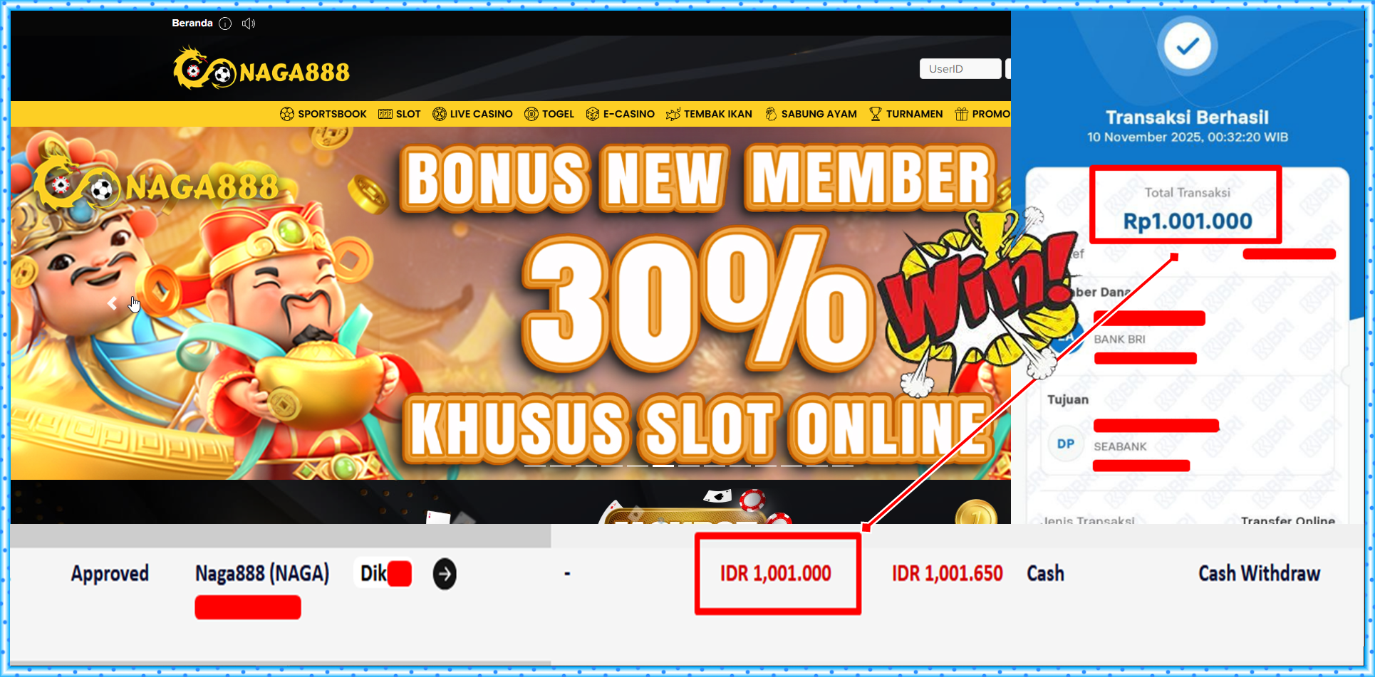 Bukti Kemenangan Withdraw IDR 1,001,000,- | NAGA888