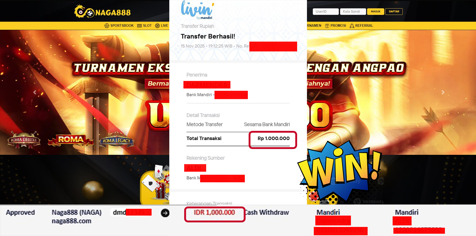 Bukti Kemenangan Withdraw IDR 1,000,000,- | NAGA888