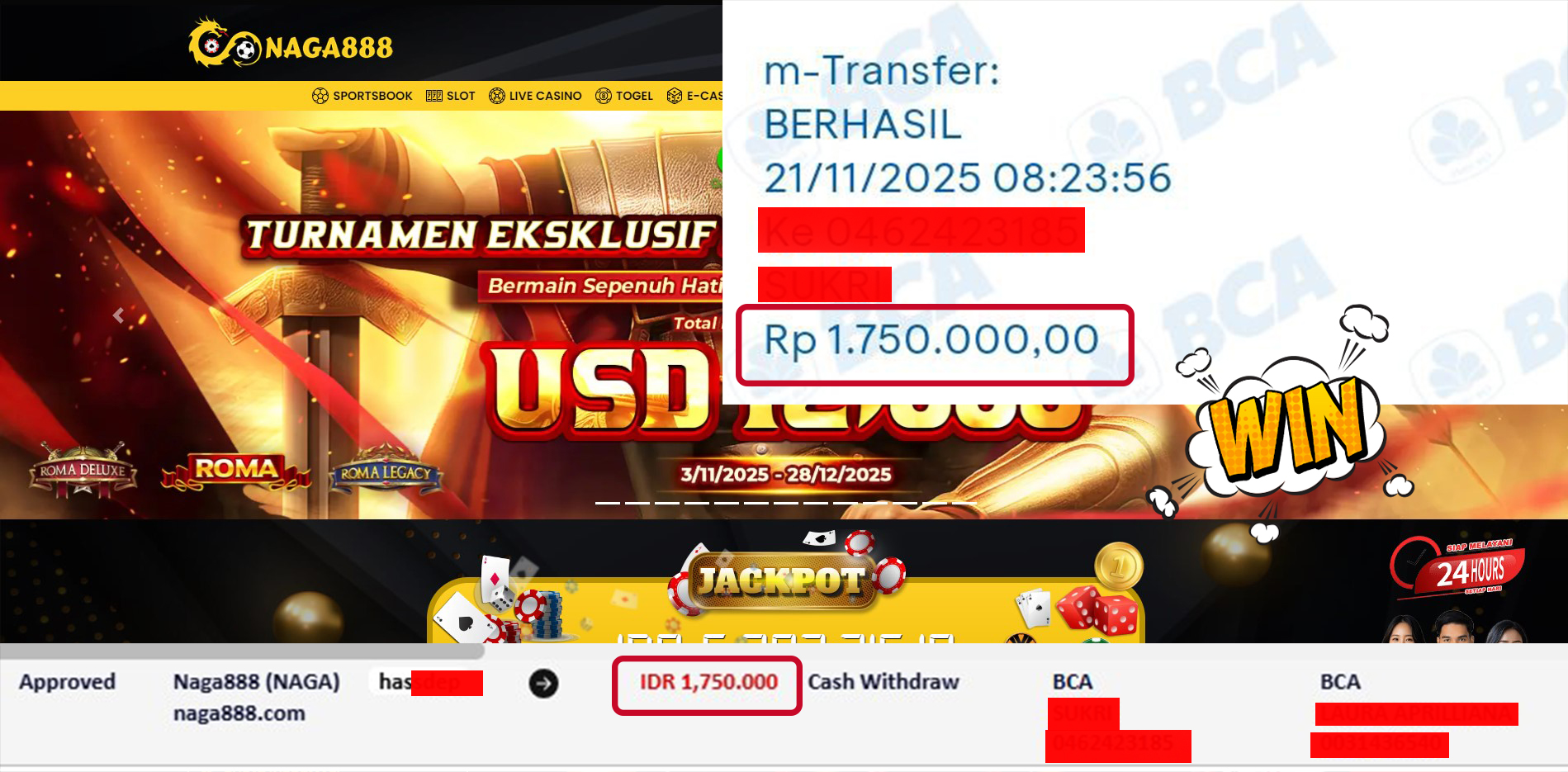 Bukti Kemenangan Withdraw IDR 1,750,000,- | NAGA888