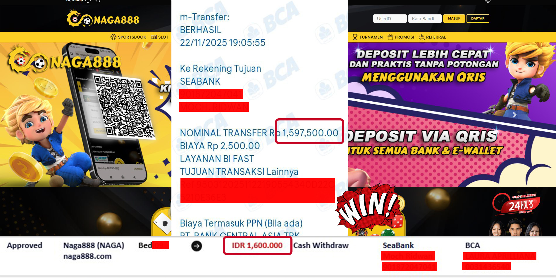 Bukti Kemenangan Withdraw IDR 1,600,000,- | NAGA888