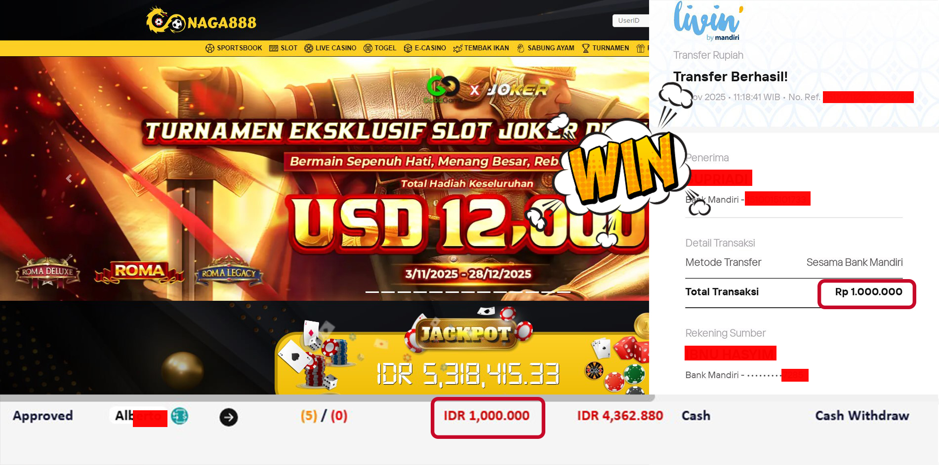 Bukti Kemenangan Withdraw IDR 1,000,000,- | NAGA888