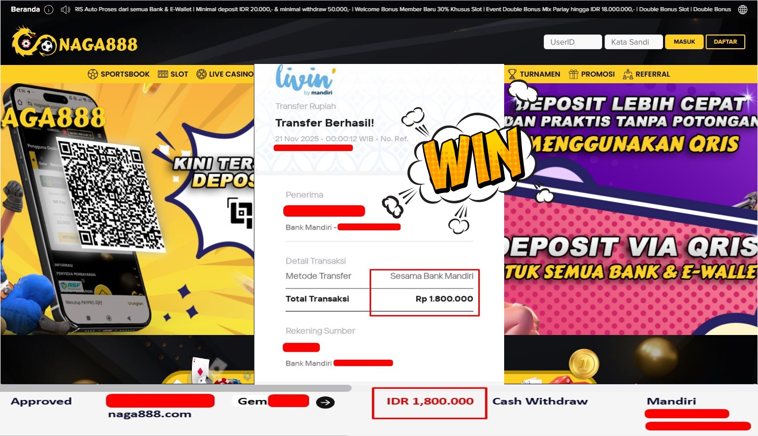 Bukti Kemenangan Withdraw IDR 1,800,000,- | NAGA888