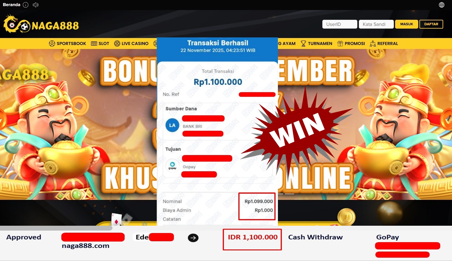 Bukti Kemenangan Withdraw IDR 1.100.000,- | NAGA888