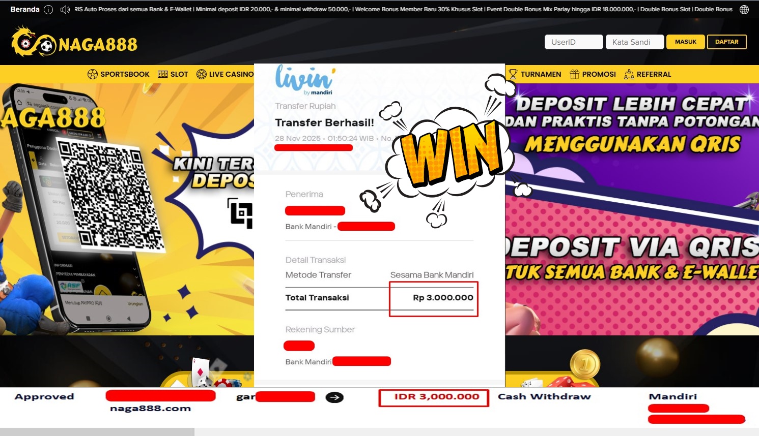 Bukti Kemenangan Withdraw IDR 3.000.000,- | NAGA888