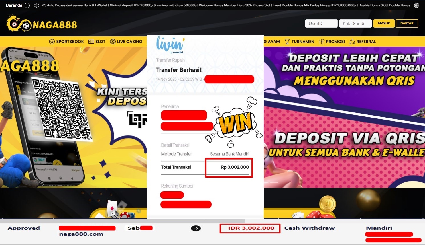 Bukti Kemenangan Withdraw IDR 3,002,000,- | NAGA888