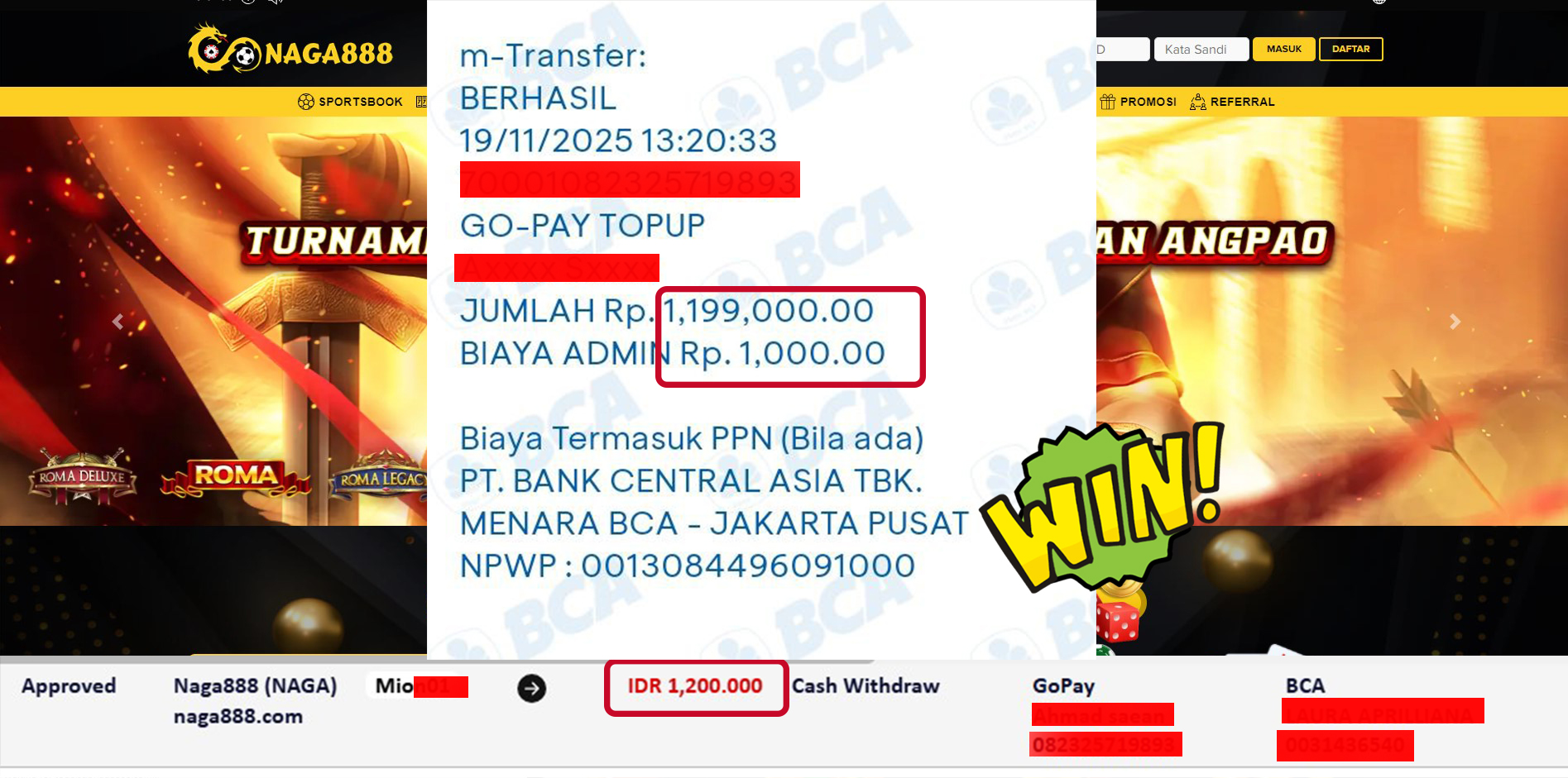 Bukti Kemenangan Withdraw IDR 1,200,000,- | NAGA888