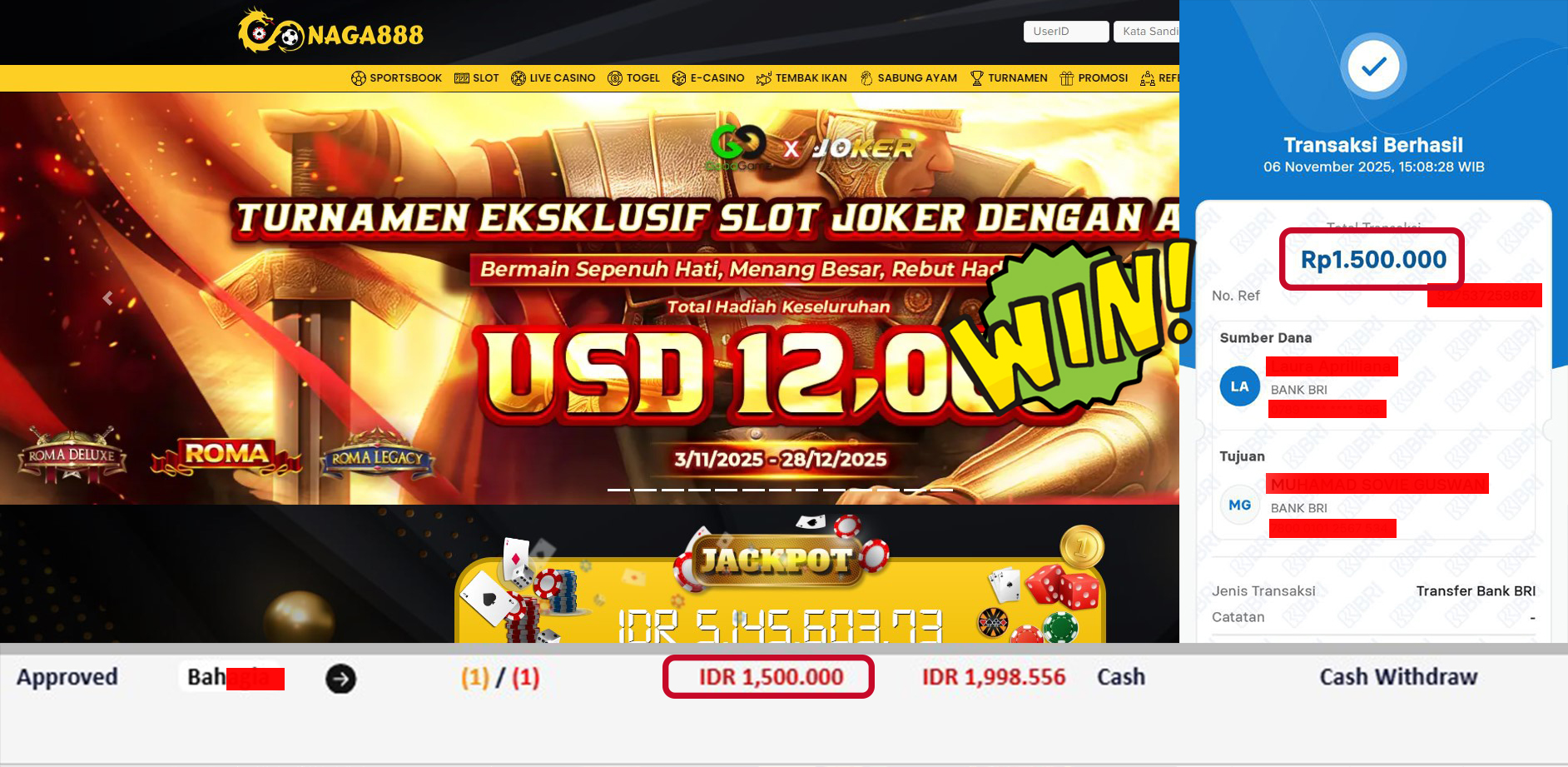 Bukti Kemenangan Withdraw IDR 1,500,000,- | NAGA888
