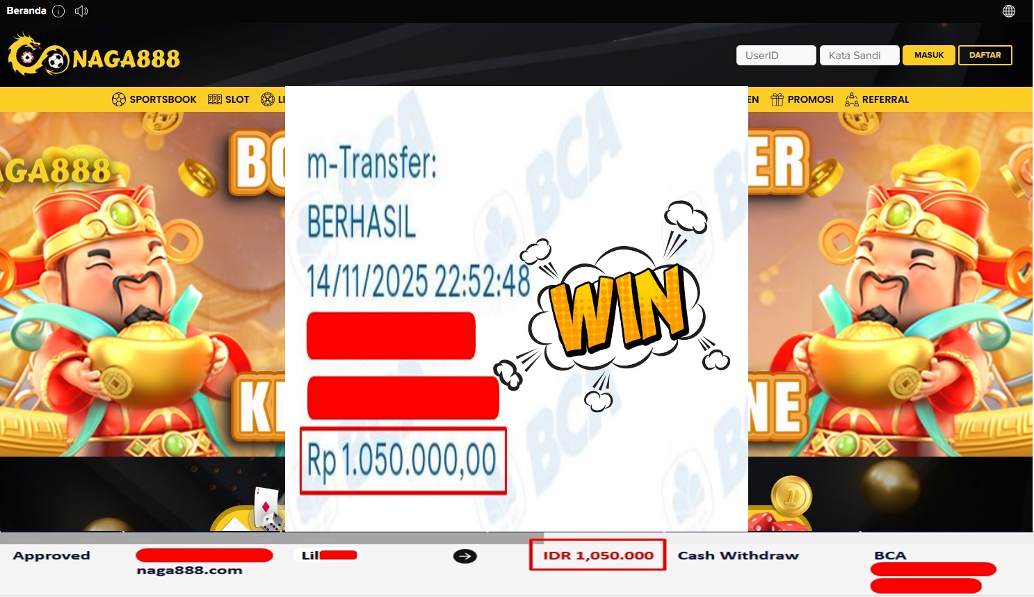 Bukti Kemenangan Withdraw IDR 1.050.000,- | NAGA888