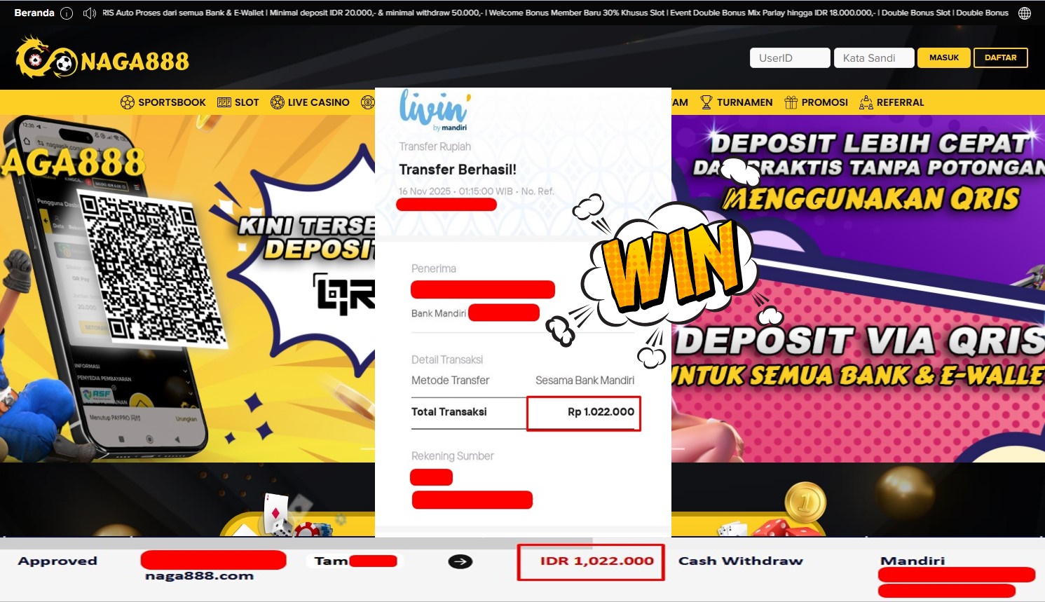 Bukti Kemenangan Withdraw IDR 1,022,000,- | NAGA888