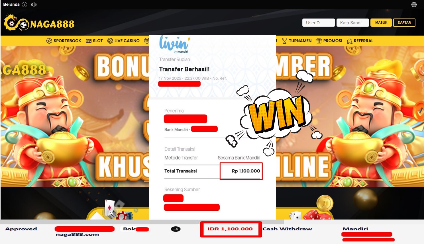 Bukti Kemenangan Withdraw IDR 1.100.00,- | NAGA888
