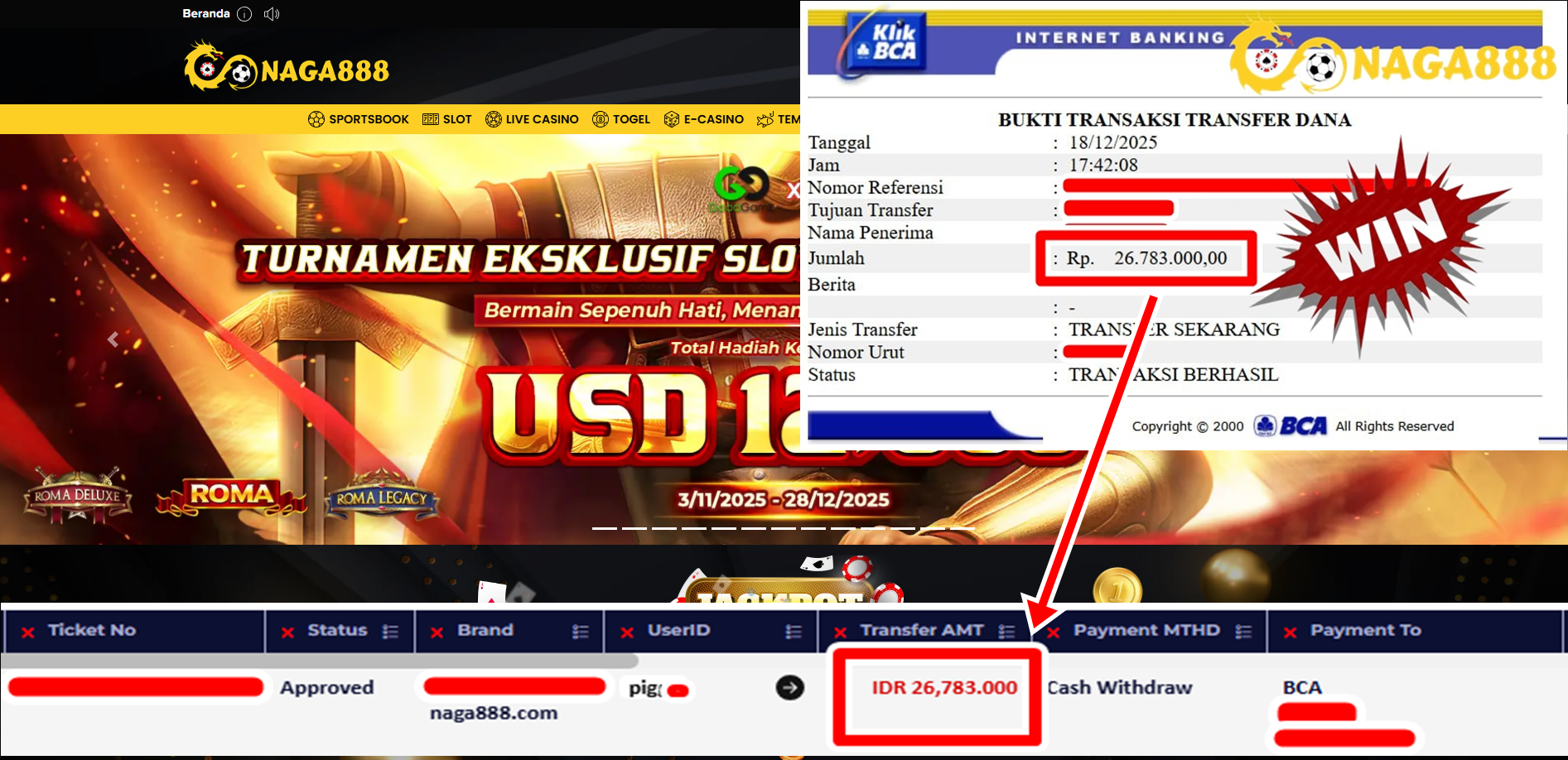 Bukti Kemenangan Withdraw IDR 26.783,000,- | NAGA888