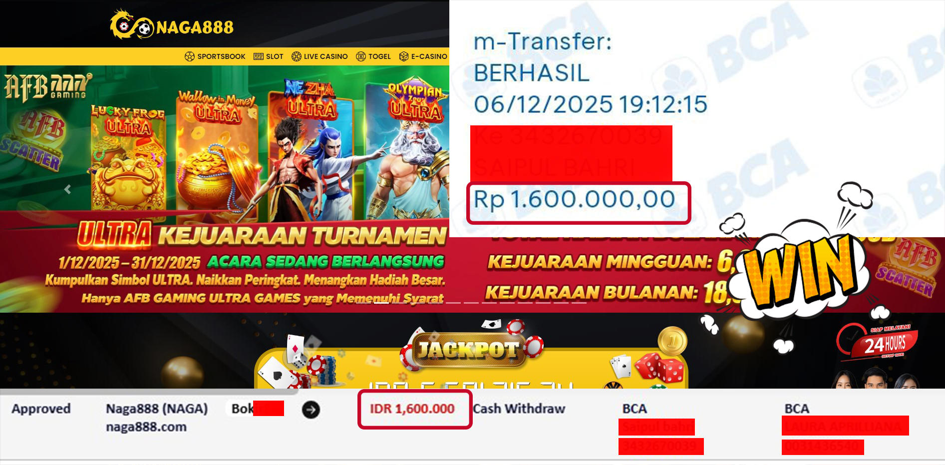 Bukti Kemenangan Withdraw IDR 1,600,000,- | NAGA888