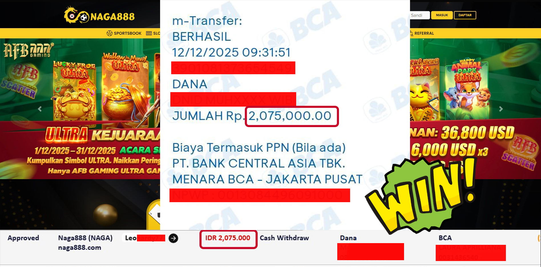 Bukti Kemenangan Withdraw IDR 2,075,000,- | NAGA888