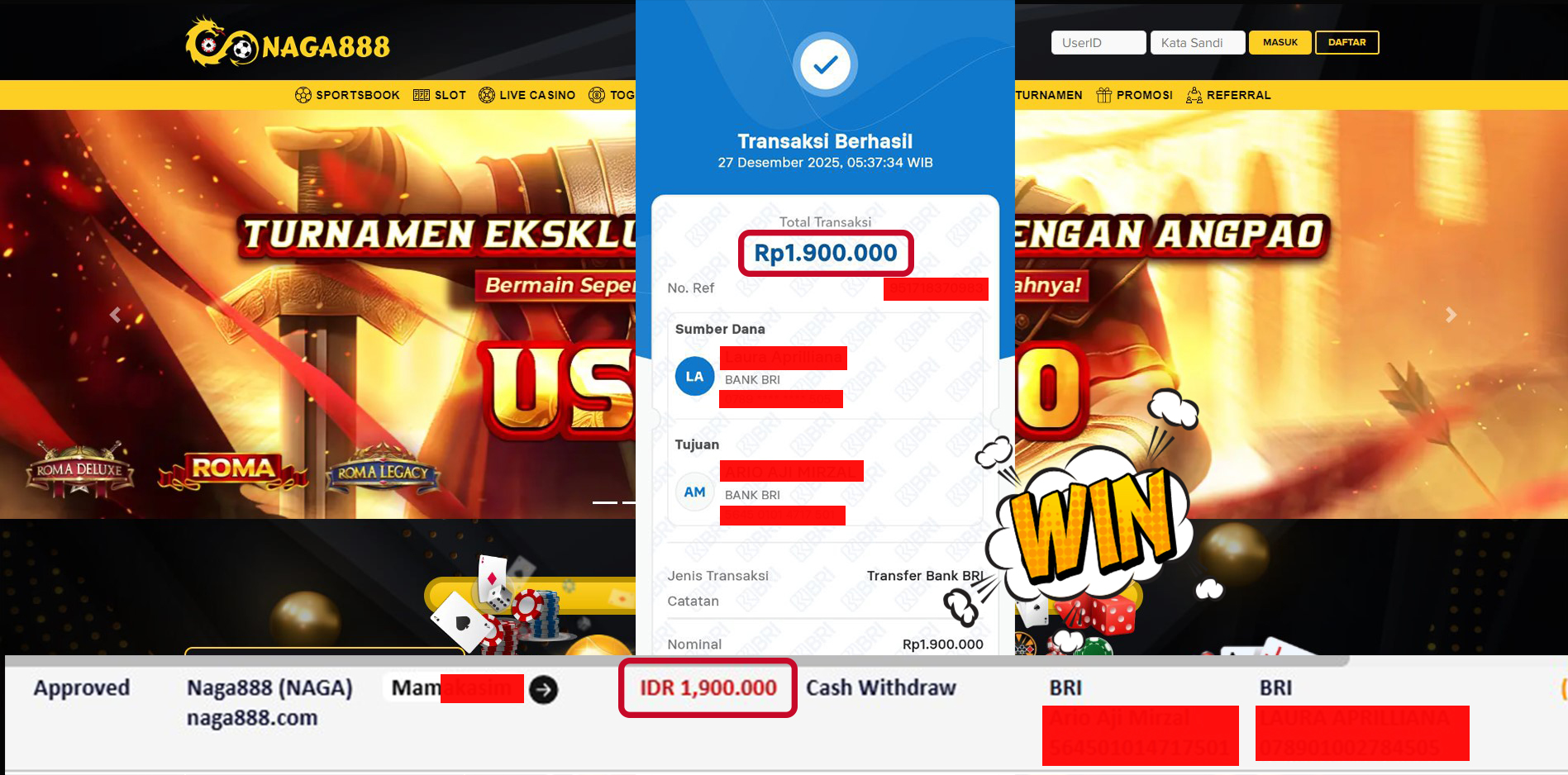 Bukti Kemenangan Withdraw IDR 1,900,000,- | NAGA888