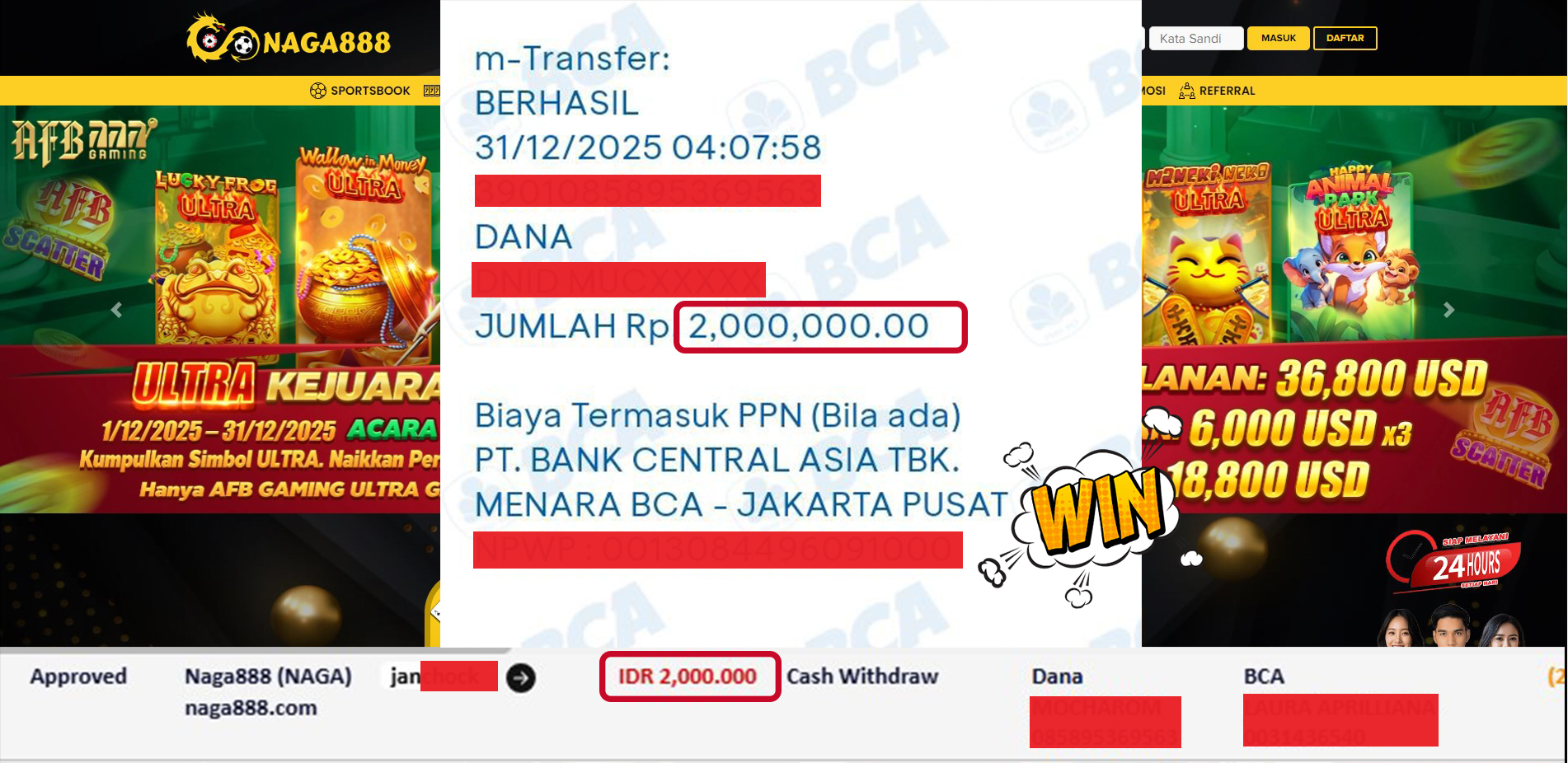 Bukti Kemenangan Withdraw IDR 2,000,000,- | NAGA888