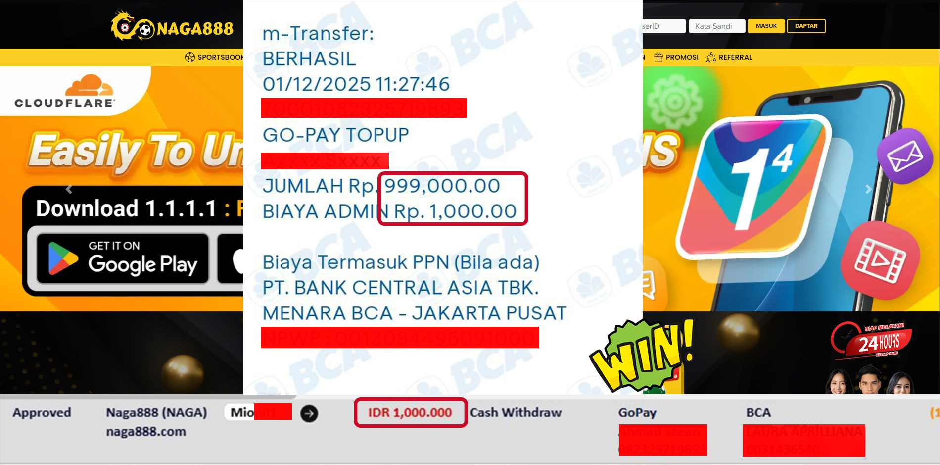 Bukti Kemenangan Withdraw IDR 1,000,000,- | NAGA888