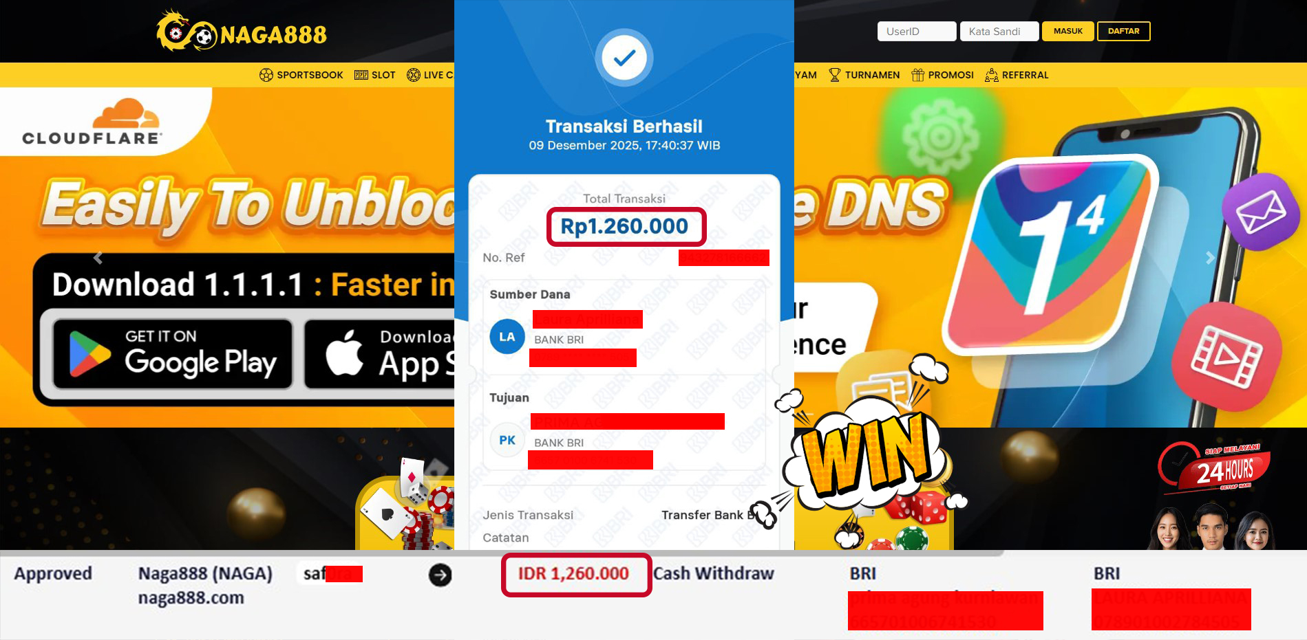 Bukti Kemenangan Withdraw IDR 1,260,000,- | NAGA888