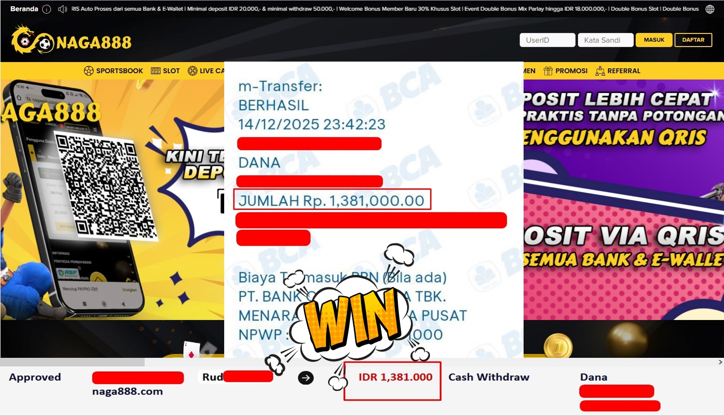 Bukti Kemenangan Withdraw IDR 1,381,000,- | NAGA888