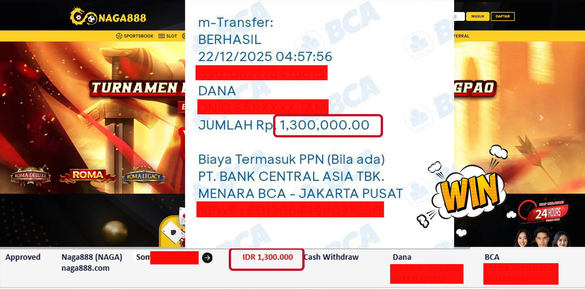 Bukti Kemenangan Withdraw IDR 1,300,000,- | NAGA888