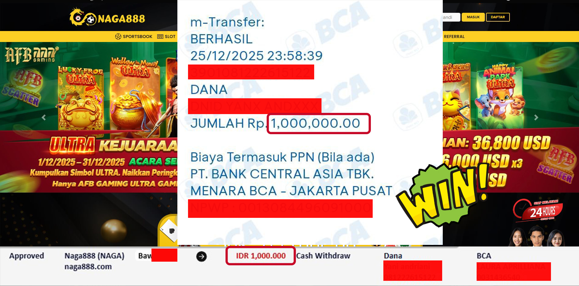 Bukti Kemenangan Withdraw IDR 1,000,000,- | NAGA888