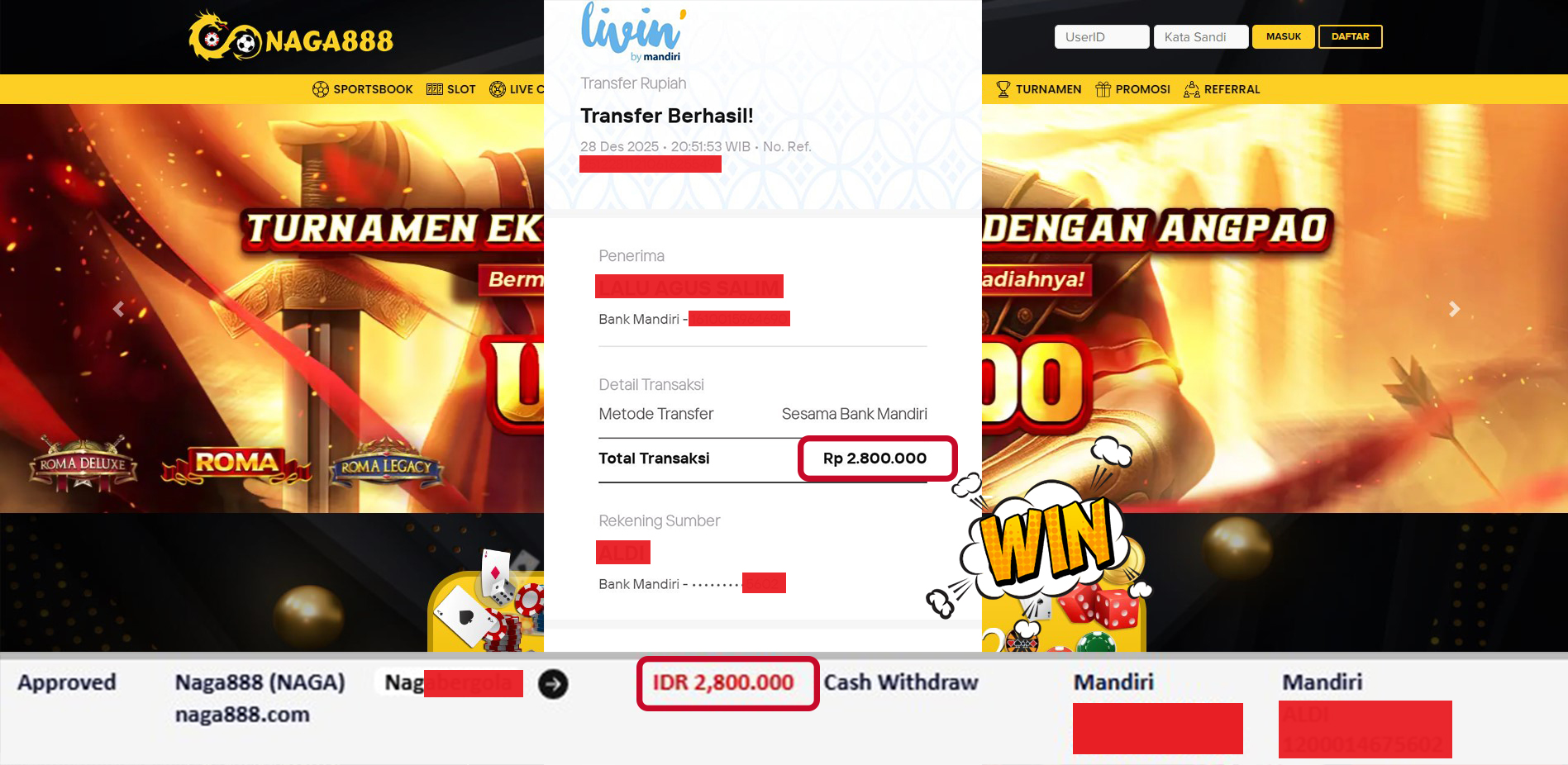 Bukti Kemenangan Withdraw IDR 2,800,000,- | NAGA888