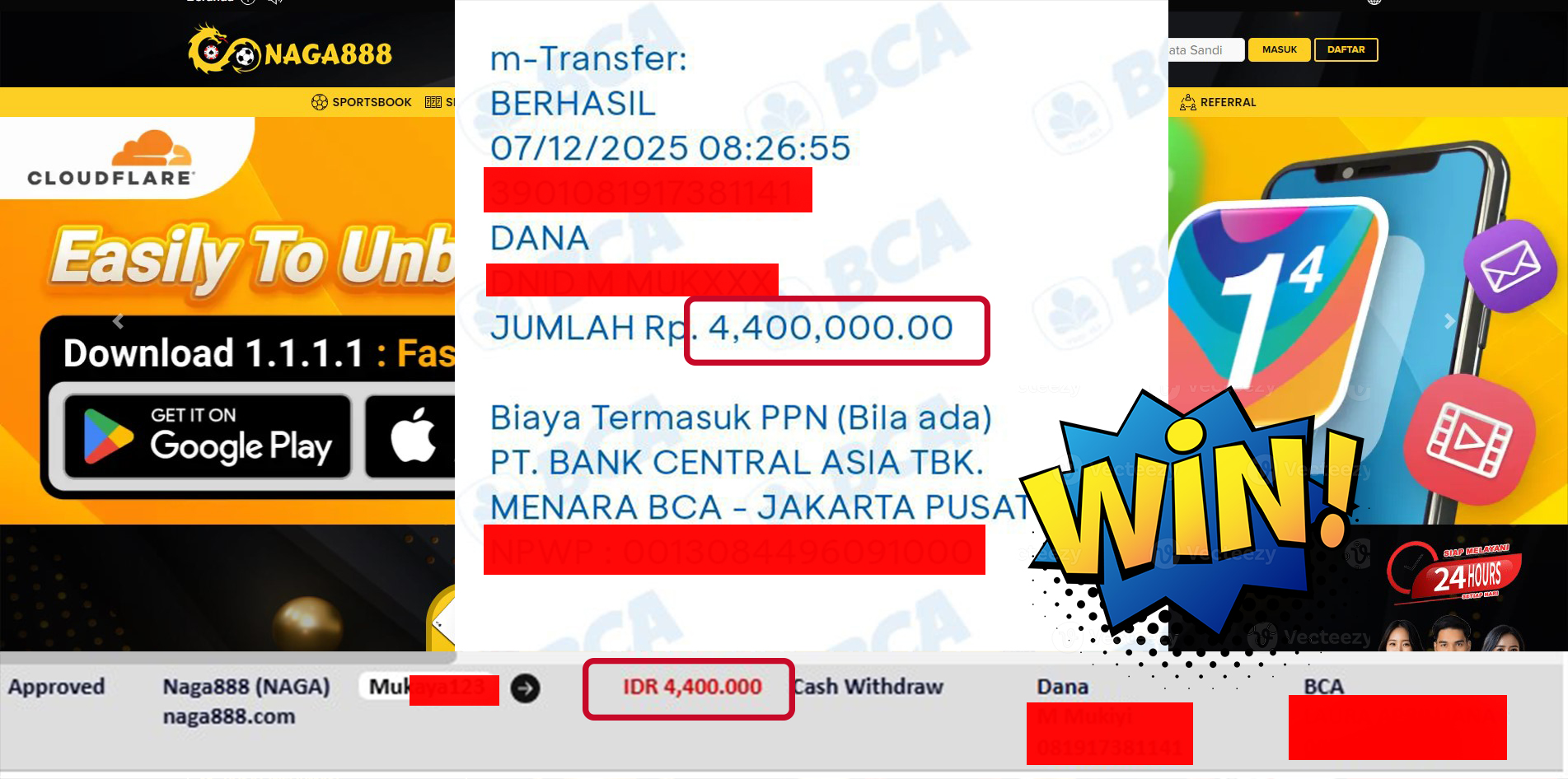 Bukti Kemenangan Withdraw IDR 4,400,000,- | NAGA888