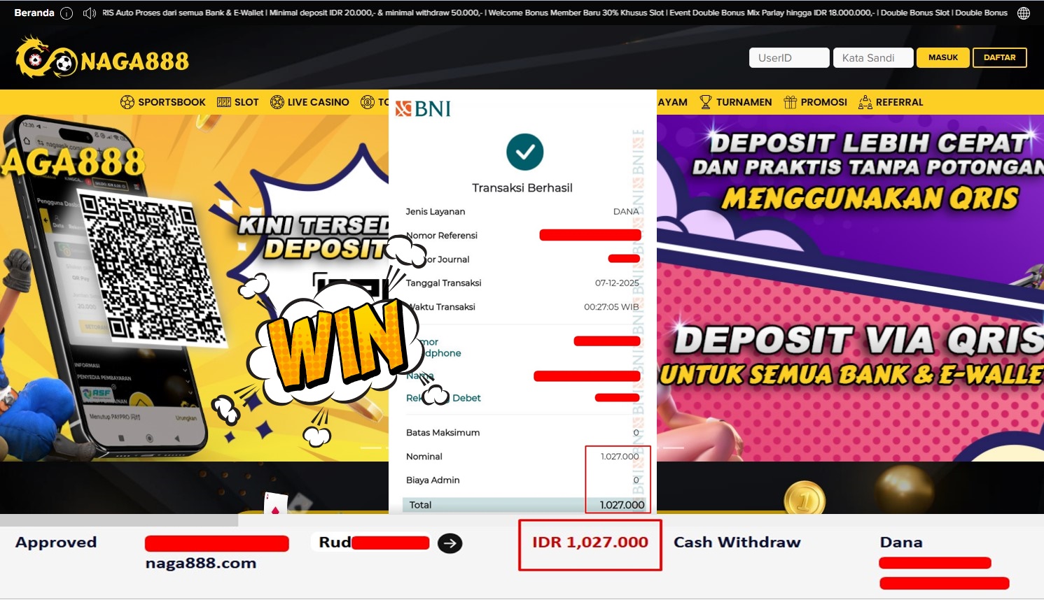 Bukti Kemenangan Withdraw IDR 1,027,000,- | NAGA888