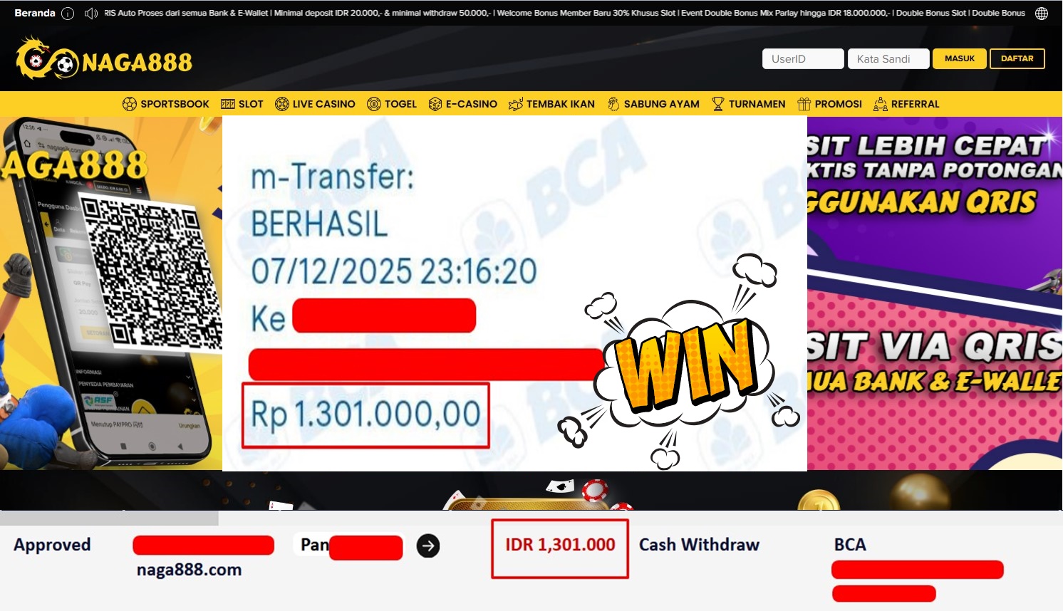 Bukti Kemenangan Withdraw IDR 1,301,000,- | NAGA888