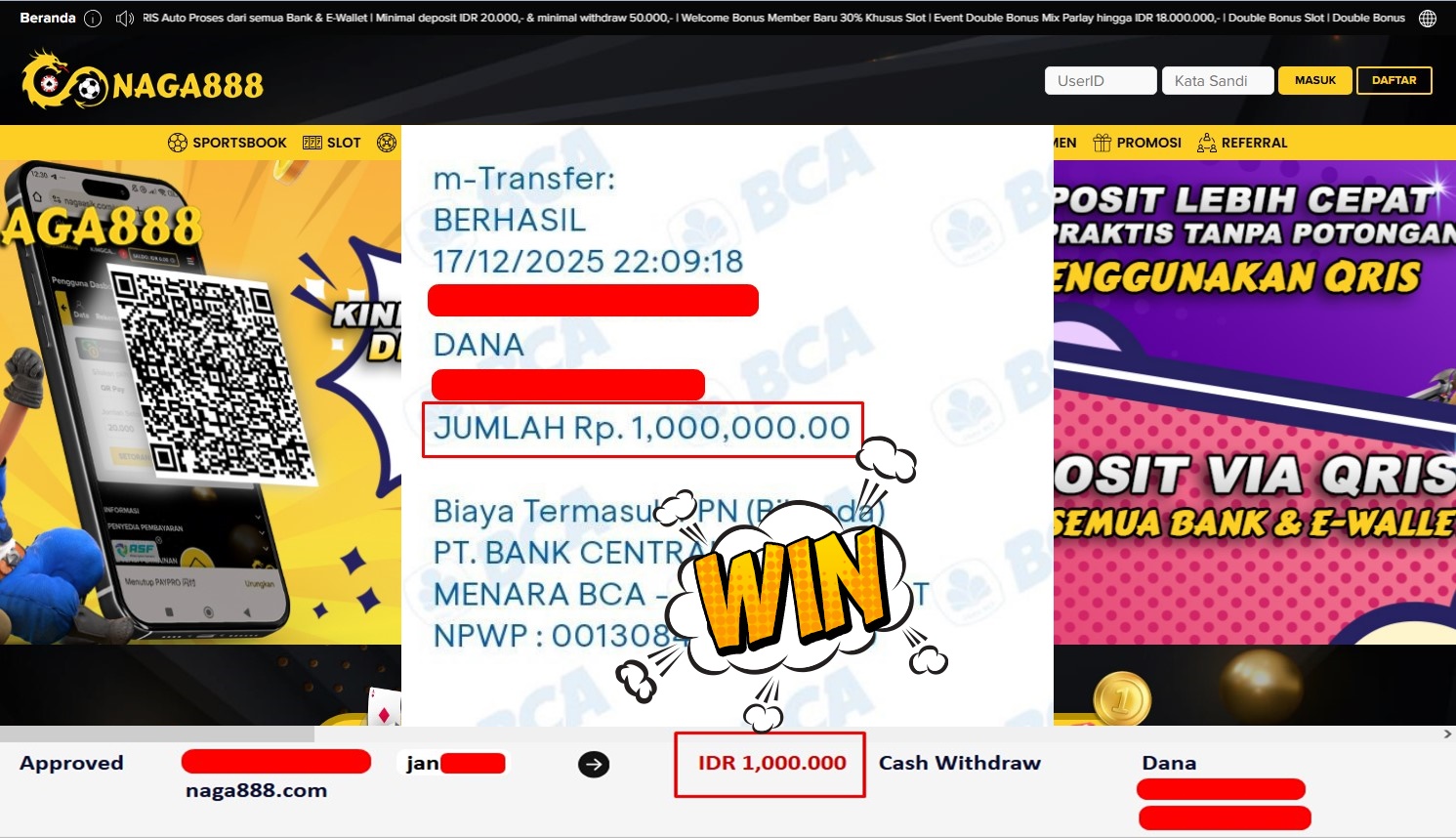 Bukti Kemenangan Withdraw IDR 1,000,000,- | NAGA888