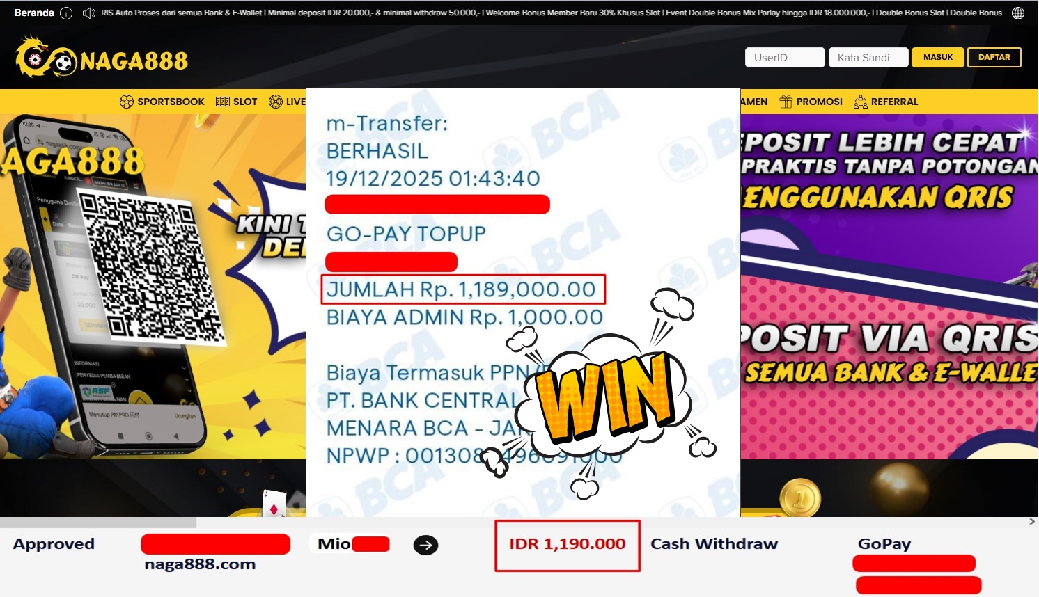 Bukti Kemenangan Withdraw IDR 1,190,000,- | NAGA888