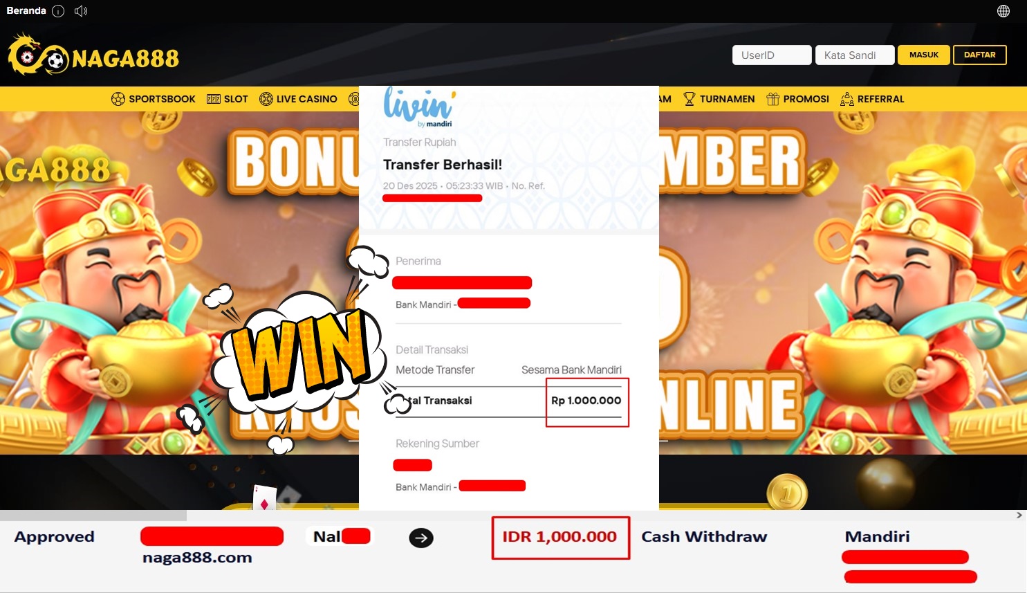 Bukti Kemenangan Withdraw IDR 1,000,000,- | NAGA888