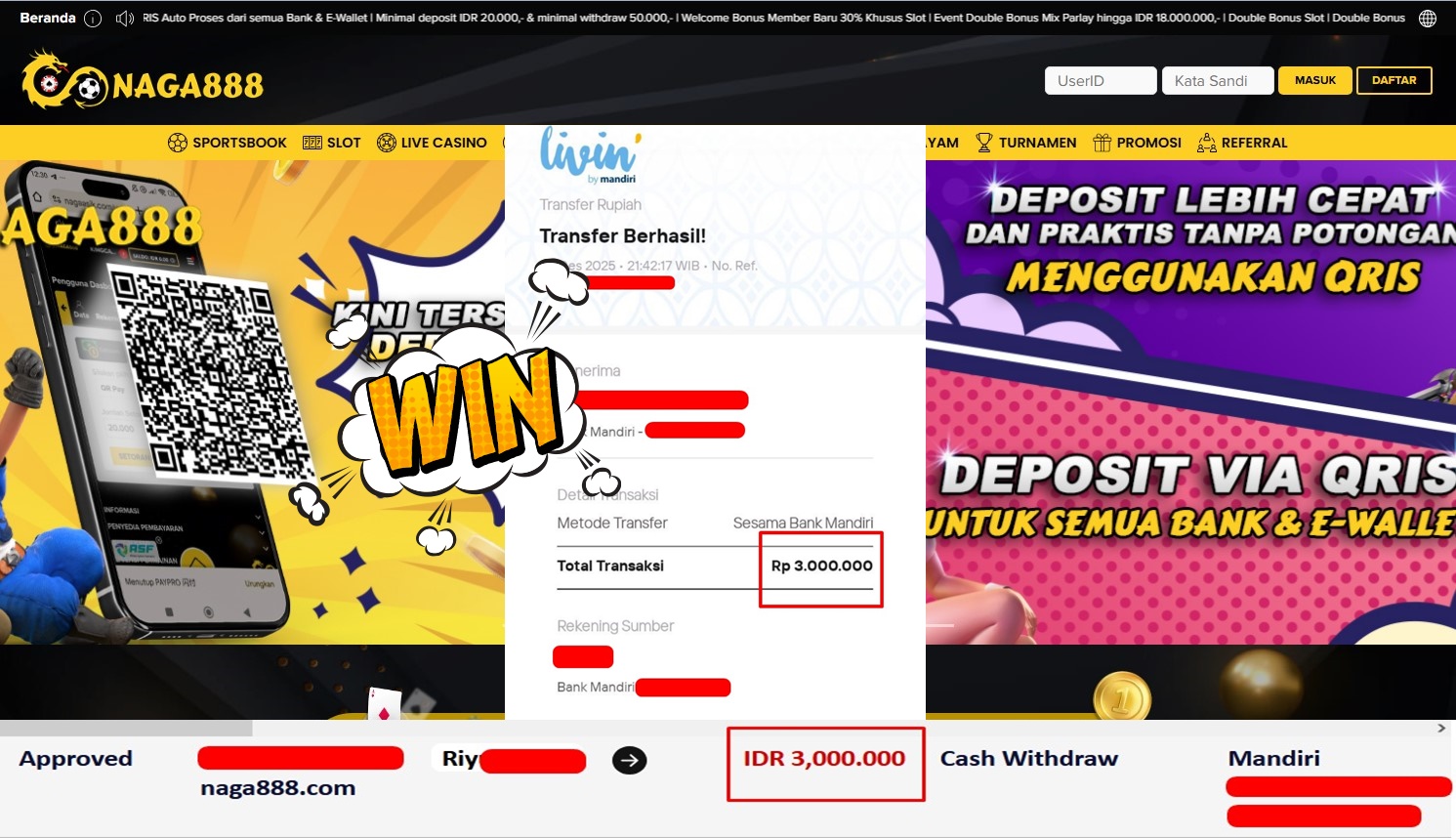 Bukti Kemenangan Withdraw IDR 3,000,000,- | NAGA888