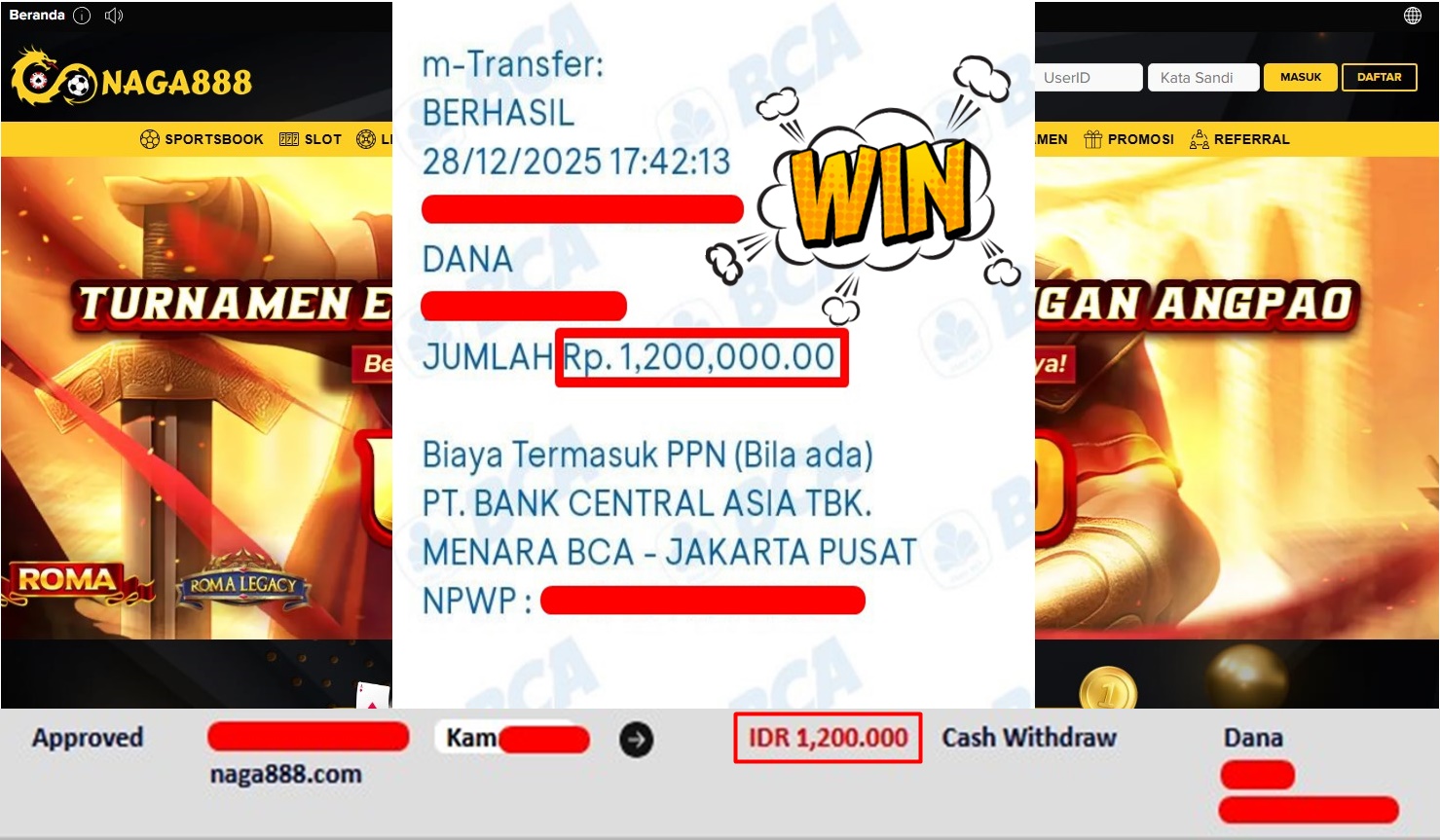 Bukti Kemenangan Withdraw IDR 1,200,000,- | NAGA888